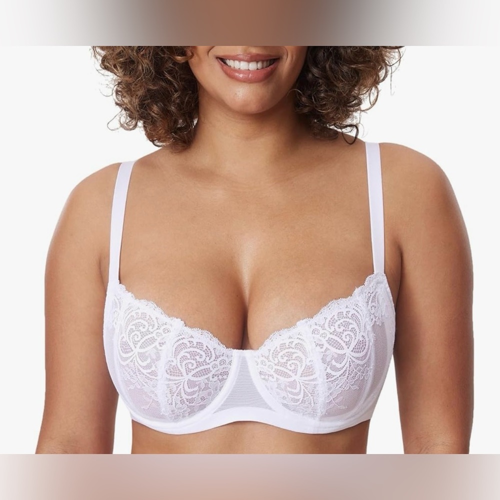 White Lace Underwire Balconette Bra with Floral Embroidery